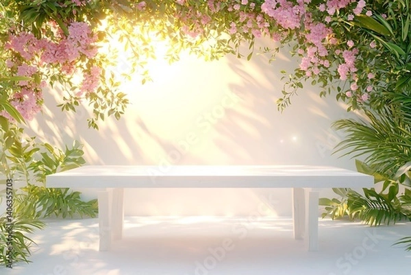 Fototapeta Empty Display Table Floral Backdrop