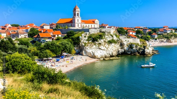 Obraz a view of a beautiful villa on top of a cliff by the sea. You can see small islands in the sea oleo paint estile Bizantine