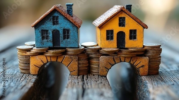 Obraz Two charming miniature houses on a bridge of coins symbolizing homeownership costs financial investment real estate market