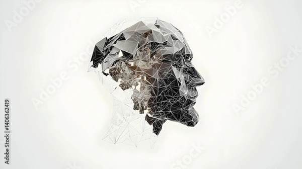 Obraz Abstract Digital Art Depicting A Disintegrating Man's Face Composed Of Pixels And Particles Against A White To Gray Gradient Background
