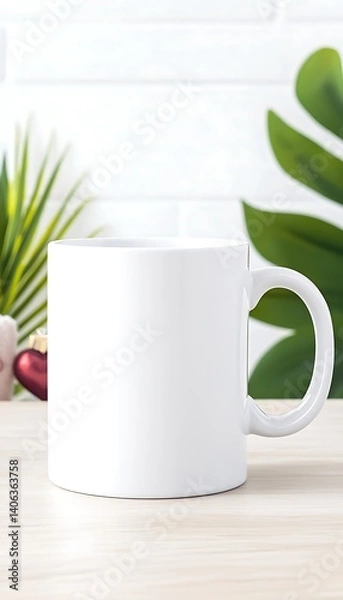 Fototapeta Empty Mug on Table, Plants