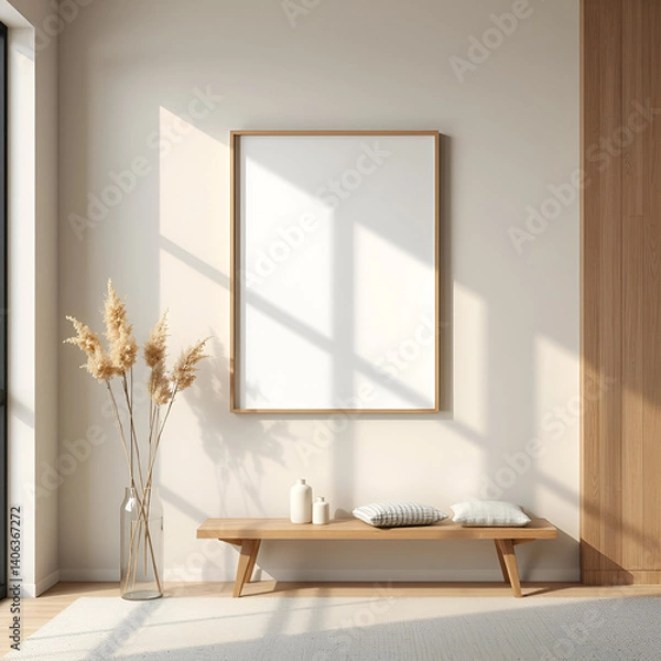 Fototapeta japandi vertical frame mockup, living room wall with glass reflection, neutral modern style, wooden bench, square 3d render interior