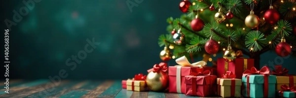 Fototapeta Decorated Christmas tree surrounded by festive gifts and colorful ornaments, sparkling lights, winter wonderland, ornaments