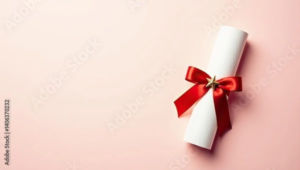 Fototapeta Elegant white diploma scroll tied with a red ribbon on a soft pink background, symbolizing achievement