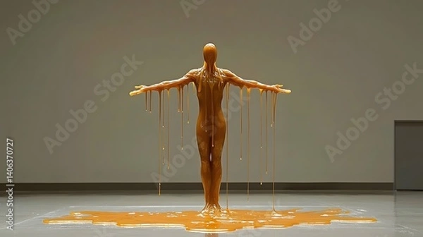 Fototapeta A striking sculptural installation depicting a human figure made of melting wax with streams of liquid dripping from its form creating a captivating and thought provoking visual experience