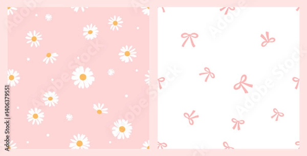 Fototapeta Seamless patterns with daisy flower and ribbon bows on pink and white backgrounds vector.