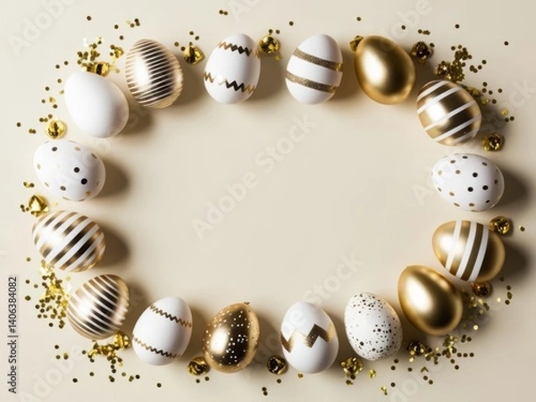 Obraz Easter golden decorated eggs on pastel beige background 2