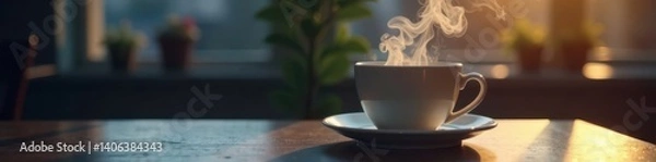 Fototapeta A coffee cup on a table with smoke floating up around it, steam, cup
