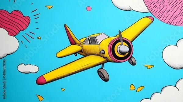 Obraz Yellow Cartoon Plane Soaring Above Clouds Symbolizing Strategic Thinking and Overcoming Challenges