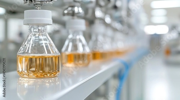 Obraz Industrial production line with amber liquid in glass containers