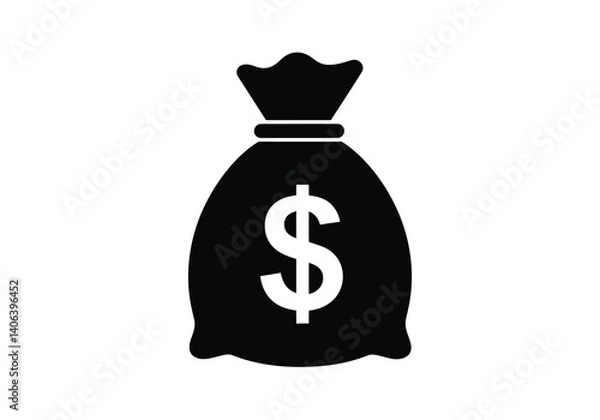 Fototapeta Money bag silhouette. This image showcases a black silhouette of a classic money bag tied with a cord and marked with a currency symbol. Vector illustration black clipart design.