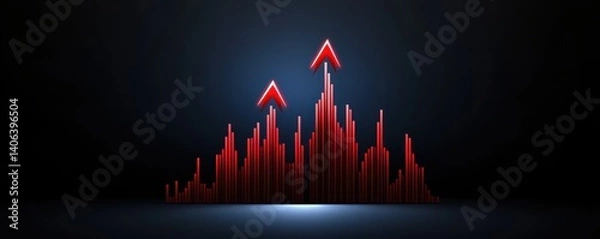 Obraz A digital graph with rising red bars and arrows, symbolizing growth and progress in data or performance metrics against a dark background.