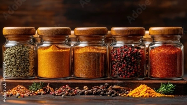 Obraz Colorful spice jars arranged on a rustic wooden surface.  A variety of ground and whole spices in clear glass jars with wooden lids