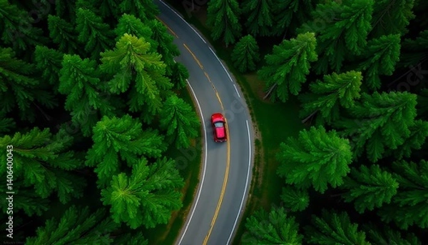 Obraz Aerial View of Red Car Driving on Winding Road Through Lush Green Forest Nature Automotive Transportation Journey