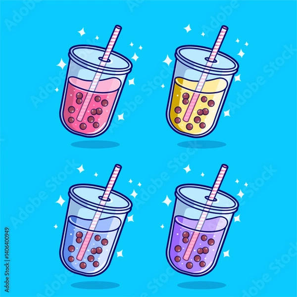 Fototapeta Set of cute cartoon bubble tea drinks isolated on blue background
