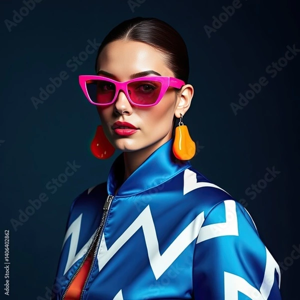 Obraz Stylish woman in vibrant sunglasses and earrings poses against a dark backdrop, showcasing bold fashion