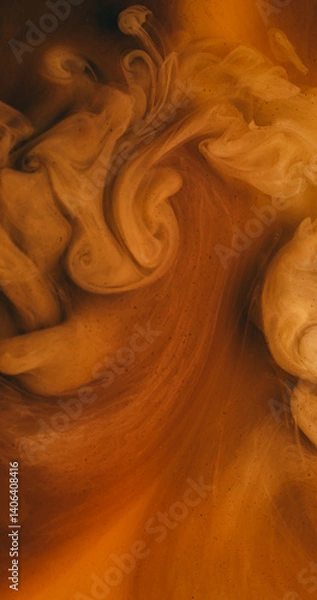 Fototapeta Ink splash water. Fluid cloud. Defocused orange yellow color chemical blend flow spray liquid spreading on abstract wet background.