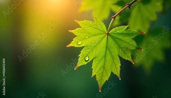Obraz Close up of a vibrant green maple leaf with dew drops illuminated by sunlight perfect for nature ecology and spring themes