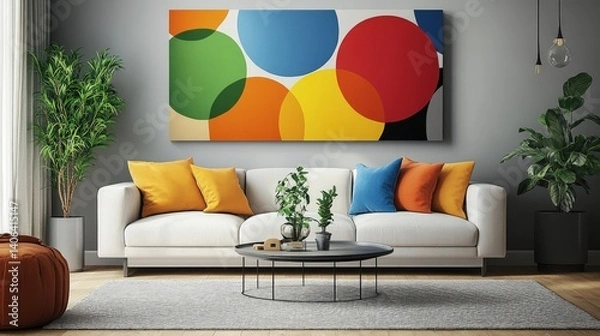 Fototapeta Colorful abstract art piece adorns a modern living room with a white sofa, colorful cushions, and plants