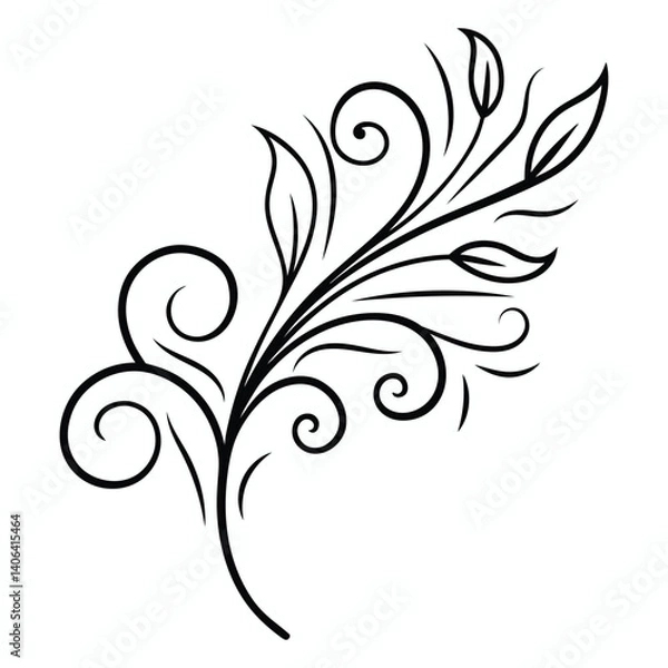 Fototapeta Elegant black and white floral swirl, calligraphic spring flourish scroll ornament design for graphic elements Featuring Curved Vines, Filigree calligraphy motif Fancy lines swirls

