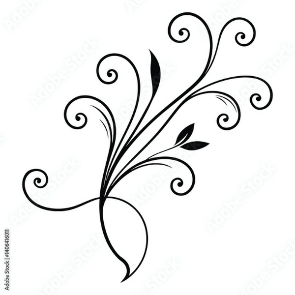 Fototapeta Elegant black and white floral swirl, calligraphic spring flourish scroll ornament design for graphic elements Featuring Curved Vines, Filigree calligraphy motif Fancy lines swirls

