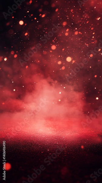 Fototapeta Red Smoky Background with Glittering Particles and Textured Surface.