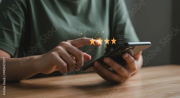 Fototapeta Customer giving a 5-star review on smartphone—perfect for service quality, user feedback, customer satisfaction, app ratings, business testimonials, and digital marketing visuals