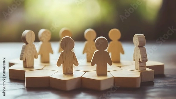 Fototapeta Wooden figurines arranged in a circle with one figure standing apart, symbolizing individuality and team dynamics on a wooden surface.