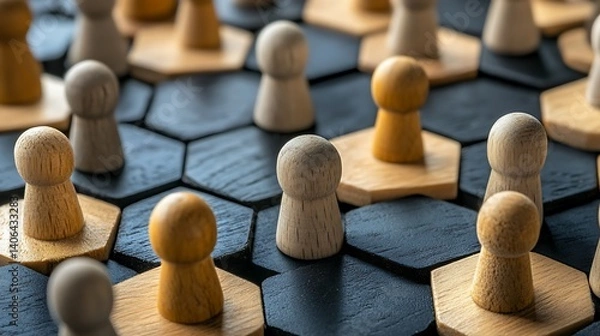 Fototapeta Strategic Game: Wooden game pieces on hexagonal tiles, symbolizing planning, tactics, and competitive advantage in business or life decisions.