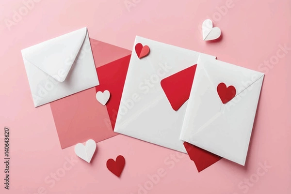 Fototapeta Red and white envelopes with heart decorations on a pastel pink background evoke a romantic valentines day thememantic valentines day theme