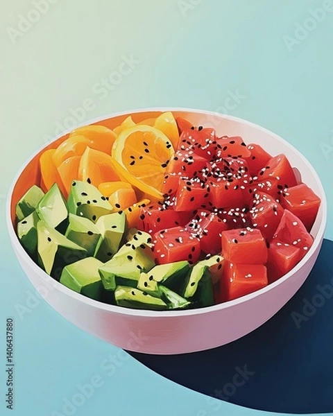 Fototapeta Everyday Meal Inspiration, Fresh Colorful Fruit Bowl with Watermelon, Cucumber, and Orange