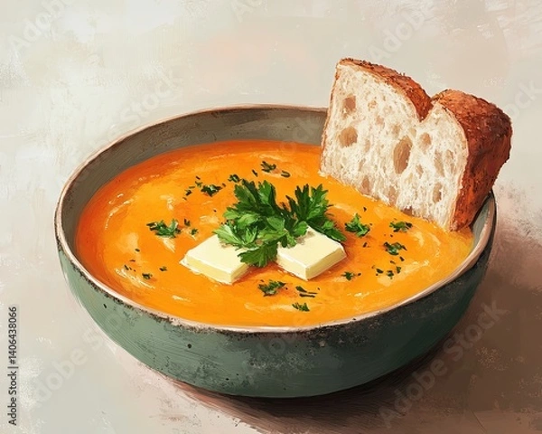 Fototapeta Everyday Meal Inspiration, Creamy Vegetable Soup with Fresh Herbs and Rustic Bread Slice