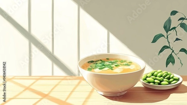 Fototapeta Everyday Meal Inspiration, Fresh and Healthy Bowl of Soup with Green Onions and Edamame