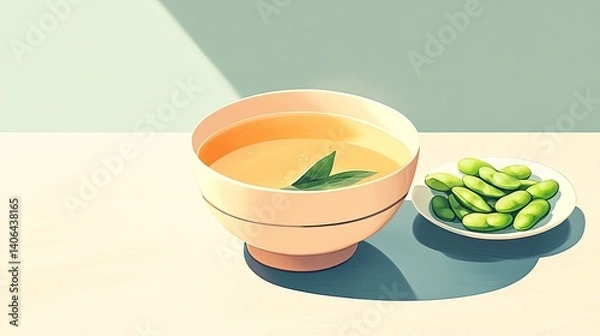 Fototapeta Everyday Meal Inspiration, Fresh Soup with Green Beans on a Light Colored Table Setting