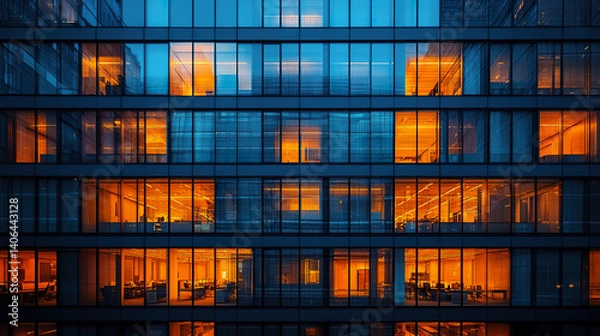 Obraz Illuminated modern office building facade with vibrant orange and blue lights