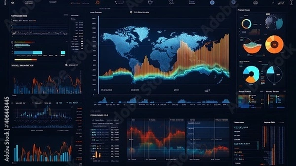 Fototapeta Data visualization dashboard displaying complex analytics, global map, and charts, in a modern dark mode interface for business intelligence.