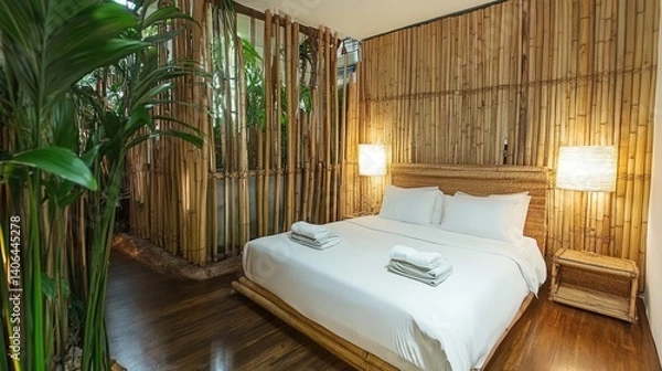 Obraz Tranquil bamboo bedroom with natural light and plants.
