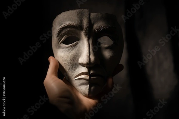 Fototapeta a smiling mask held in front of a sad face, behind the scenes of social media