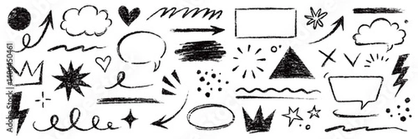 Fototapeta Arrow line hand drawn brush sketch element set. Grunge square, heart, arrow element scribble line brush hand drawn sketch design. Texture abstract chalk, crayon pencil style. Vector illustration