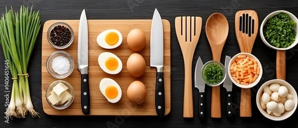 Obraz Eggs, Utensils, Ingredients