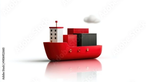 Fototapeta Striking red boat carries black and white container across tranquil waters red