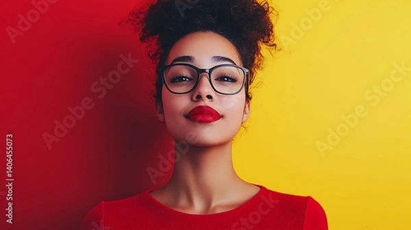 Fototapeta Striking portrait of a woman with red lipstick against a bold red and yellow backdrop, highlighting her confidence and unique style.