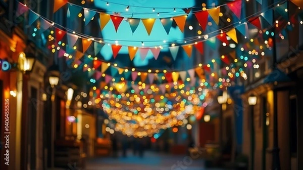 Fototapeta A festive street scene with colorful pennant banners and bokeh lights creating a vibrant atmosphere. Festive decorations hanging over the street.