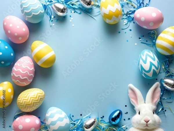 Fototapeta Easter party. Top view photo of easter bunny ears white pink blue, yellow eggs and confetti 1
