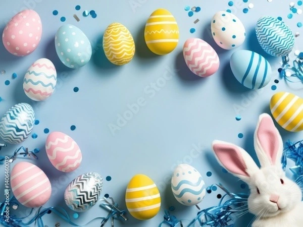 Fototapeta Easter party. Top view photo of easter bunny ears white pink blue, yellow eggs and confetti 2