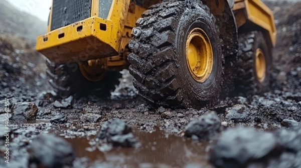 Fototapeta A large yellow machine with muddy wheels drives over rocks and puddles in a mining area