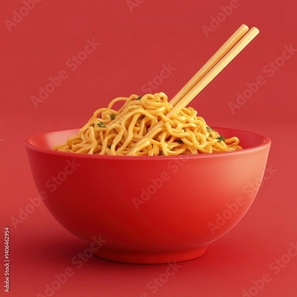Fototapeta 3d style noodle on red bowl with chopsticks