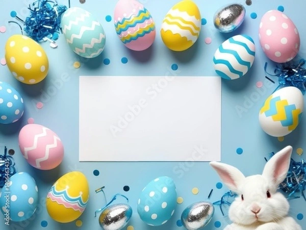 Fototapeta Easter party. Top view photo of easter bunny ears white pink blue, yellow eggs and confetti 3