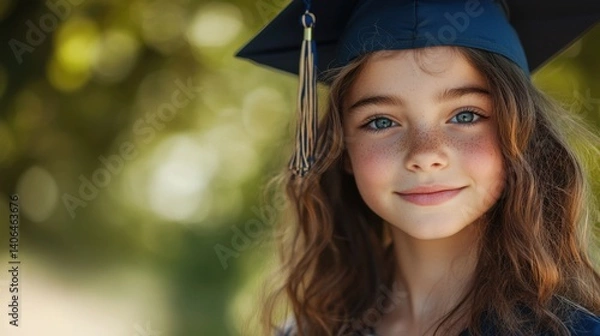 Fototapeta A smiling girl in a graduation cap, showcasing excitement and joy, surrounded by a soft, blurred green background.