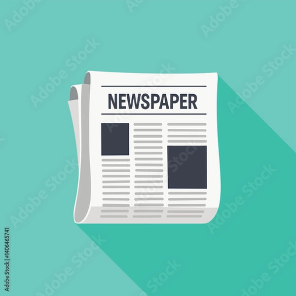 Fototapeta Folded newspaper with text headlines and images, lying on a teal surface casting a long shadow.